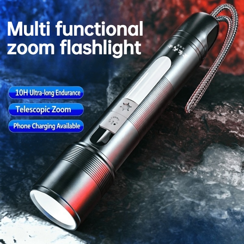 Outdoor Lighting For Camping - Multifunktionale LED-Taschenlampe, zoombar, COB-Seitenlicht, wiederaufladbare Powerbank,