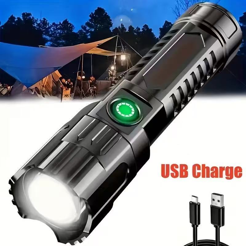 Outdoor Lighting Black - Neue Hochleistungs-LED-Taschenlampe, USB-wiederaufladbar, zoombares Licht mit