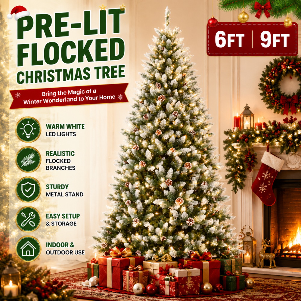 Xmas Outdoor Lighting Decorations - Vorbeleuchteter, beflockter künstlicher Weihnachtsbaum 6'/9' mit