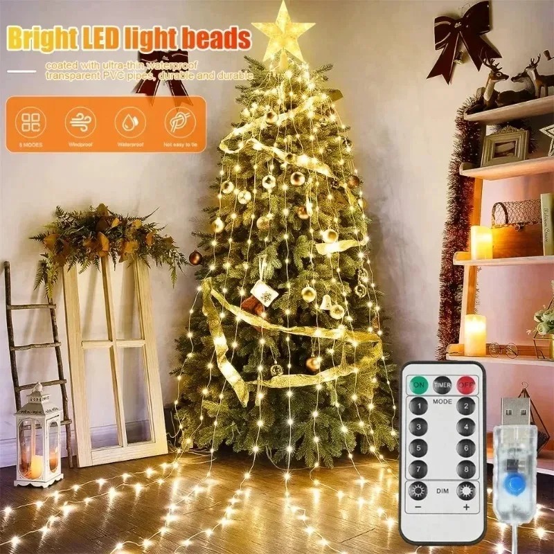 Xmas Outdoor Lighting Decorations - USB-betriebene 200-LED-Stern-Wasserfall-Lichterkette 2M 8 Modi Fernbedienung