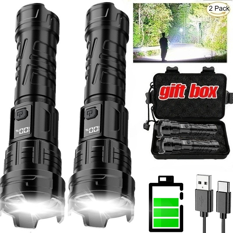 Outdoor Lighting Black - Superhelle LED-Taschenlampe, wiederaufladbar über USB, Outdoor-Zoom,